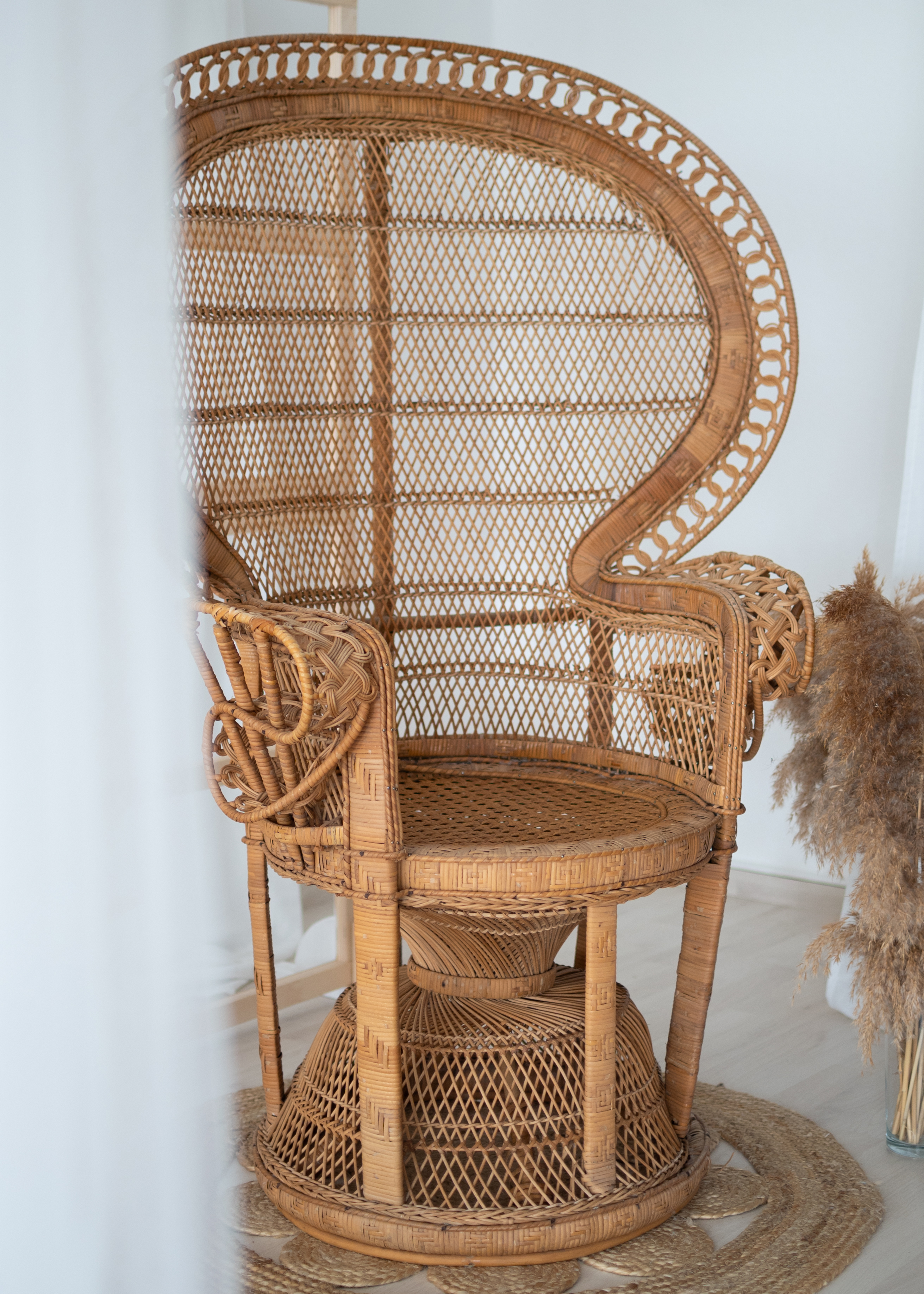 Rattan-Pfauenstuhl mit Pampasgras